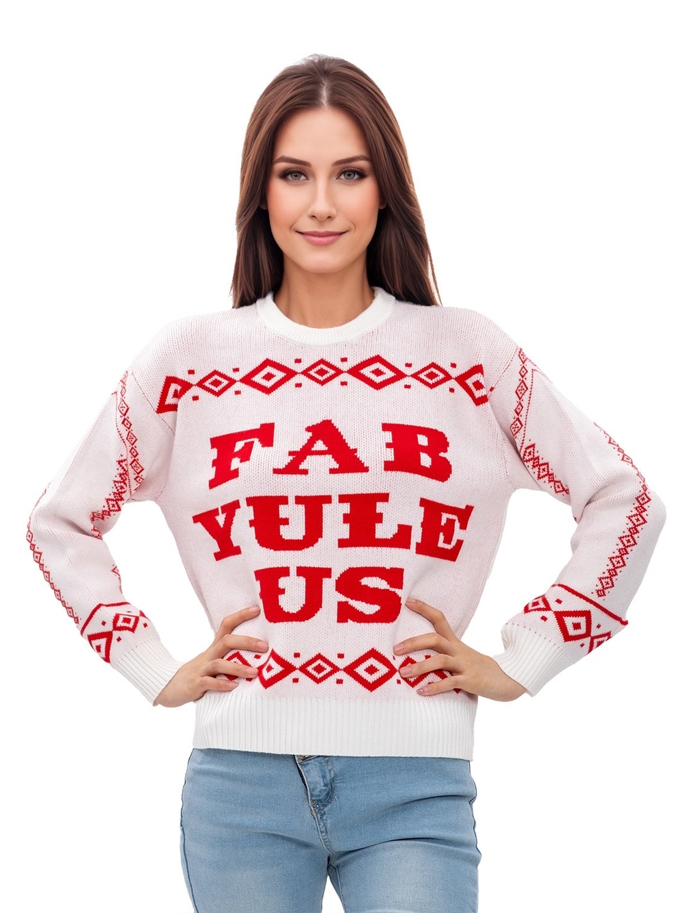 Women's White & Red 'FAB YULE US' Holiday Crewneck Sweater